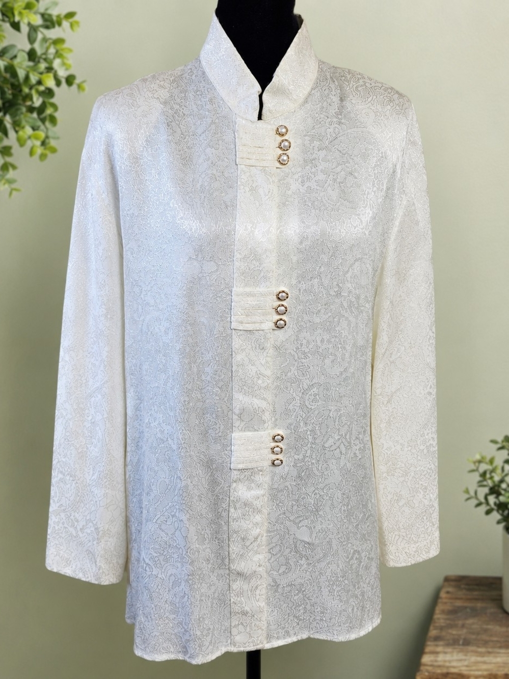 Vintage Pride & Joy Size 14 Victorian Brocade Jacket Blouse Ivory Pearl Button